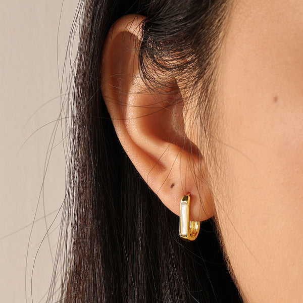 FE2250 925 Sterling Silver Oval Mother of Pearl Hoop Earrings