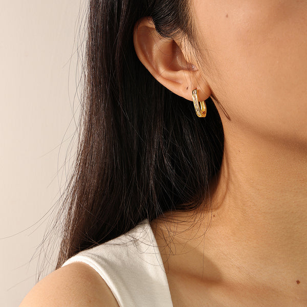 FE2138 925 Sterling Silver Rectangle Cubic Zirconia Band Hoop Earrings