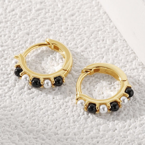 FE2064 925 Sterling Silver Shell Pearl Black Onyx Hoop Earrings