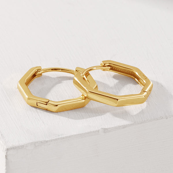 FE2042 925 Sterling Silver Geometric Hexagon Huggie Hoop Earrings