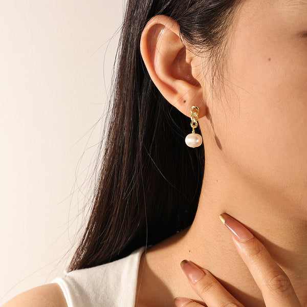 FE2255 925 Sterling Silver Chain Link Pearl Stud Earrings