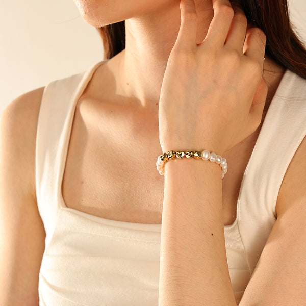 PB0103 925 Sterling Silver Gold Bead Freshwater Pearl Bracelet