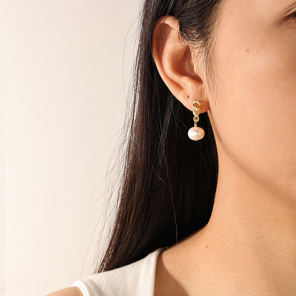 FE2255 925 Sterling Silver Chain Link Pearl Stud Earrings