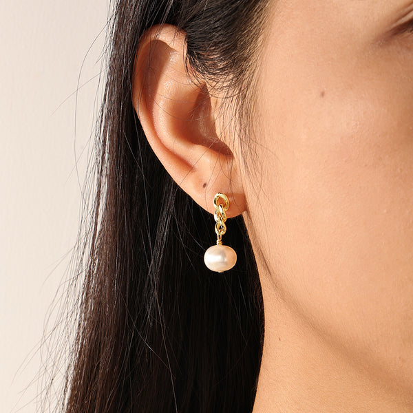 FE2255 925 Sterling Silver Chain Link Pearl Stud Earrings