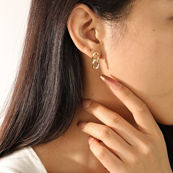 FE2253 925 Sterling Silver Double Chain Link Stud Earrings