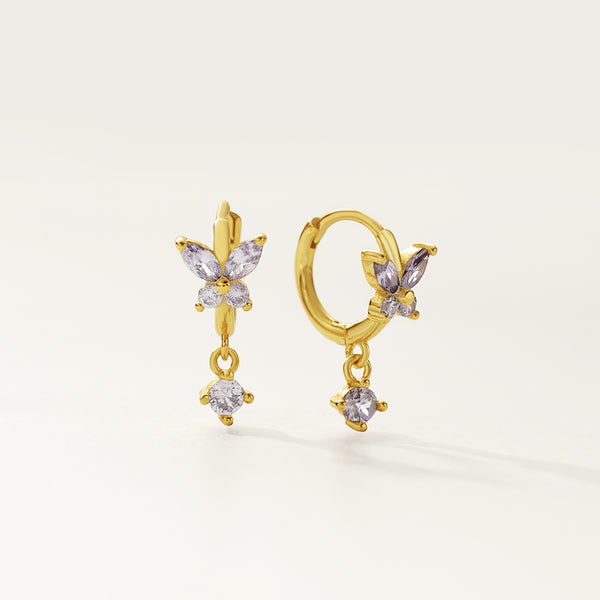 FE2744 925 Sterling Silver Cubic Zirconia Colorful Butterfly Dangle Hoop Earrings