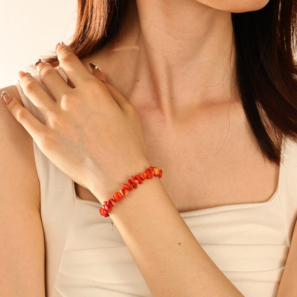 PB0089 925 Sterling Silver Red Stone Chip Bracelet