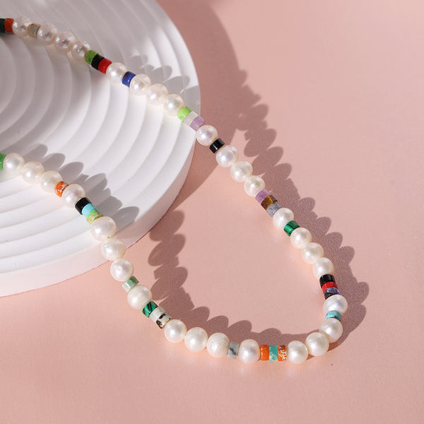 PN0044 6-7MM Freshwater Pearl Rainbow Stone Bead Choker Necklace