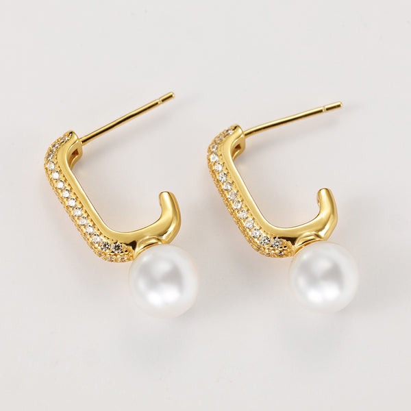 FE2104 Shell Pearl Pave Cubic Zirconia Hoop Earrings
