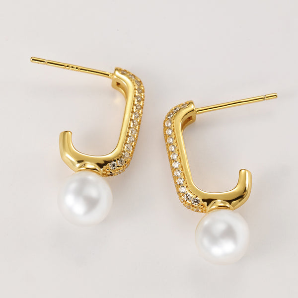 FE2104 Shell Pearl Pave Cubic Zirconia Hoop Earrings