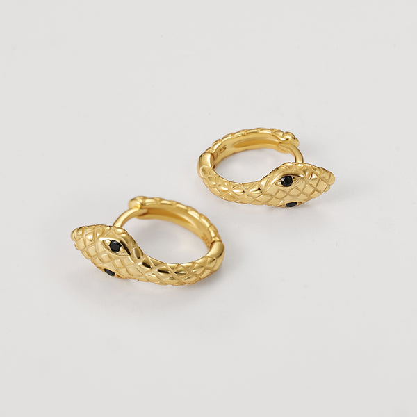 FE2167 925 Sterling Silver Black Eye Pleated Snake Hoop Earrings