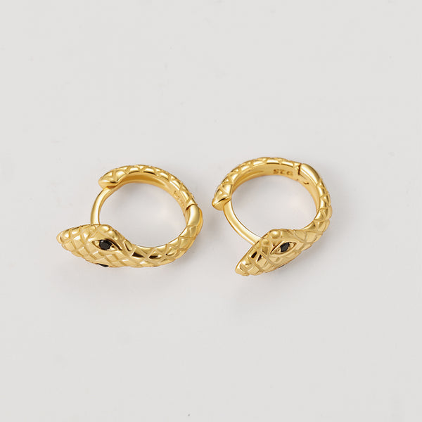 FE2167 925 Sterling Silver Black Eye Pleated Snake Hoop Earrings
