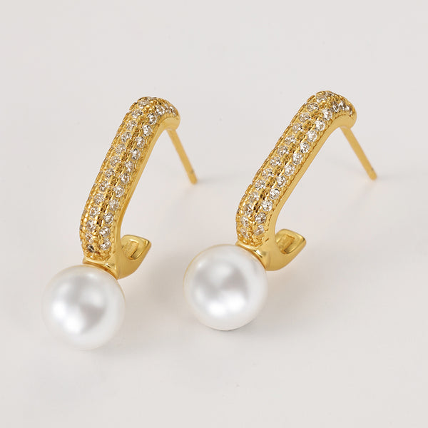 FE2104 Shell Pearl Pave Cubic Zirconia Hoop Earrings