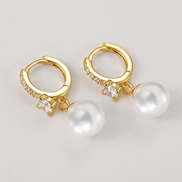 FE2171 925 Sterling Silver Plump Shell Pearl CZ Dangle Hoop Earrings