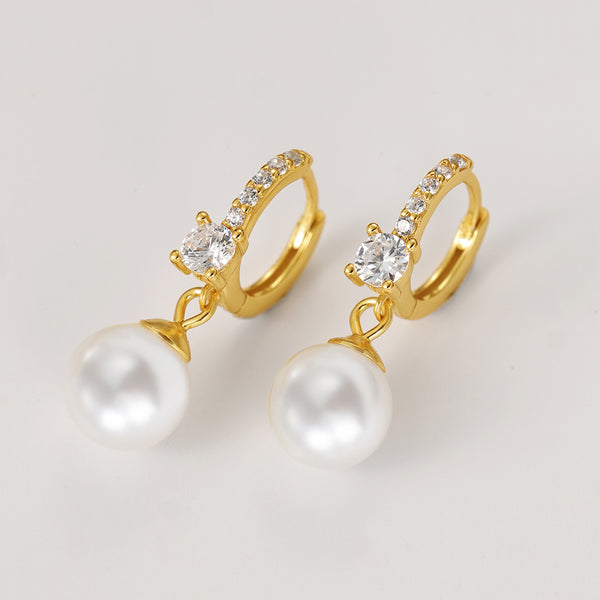 FE2171 925 Sterling Silver Plump Shell Pearl CZ Dangle Hoop Earrings