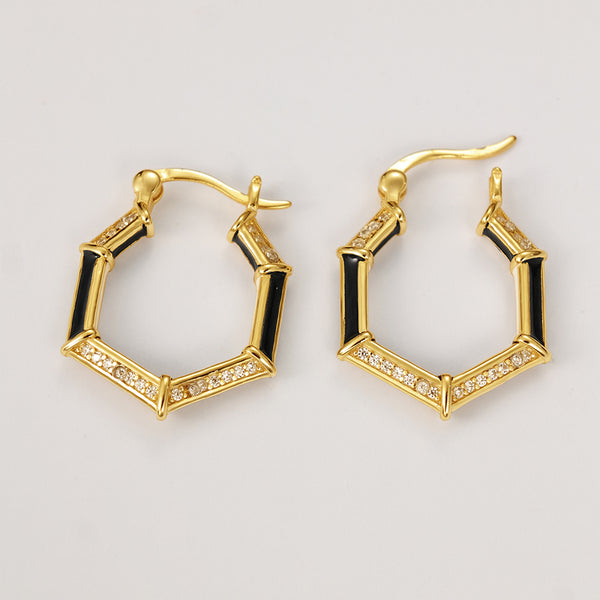 FE2233 925 Sterling Silver Sparkle Zirconia Bamboo Hoop Earrings