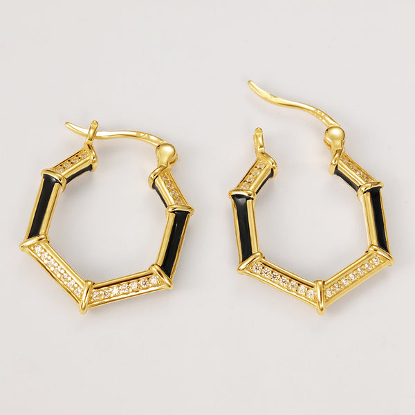 FE2233 925 Sterling Silver Sparkle Zirconia Bamboo Hoop Earrings