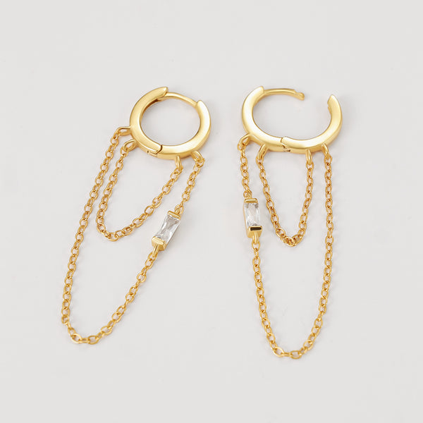 FE2155 925 Sterling Silver Rectangle CZ Double Chain Hoop Earrings