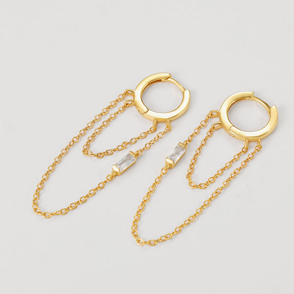 FE2155 925 Sterling Silver Rectangle CZ Double Chain Hoop Earrings