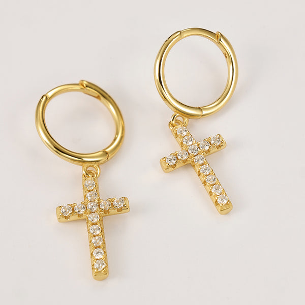 FE2130 925 Sterling Silver Pave Zirconia Cross Dangle Hoop Earrings