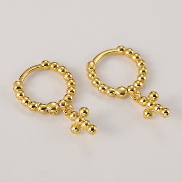 FE2165 925 Sterling Silver Bead Cross Dangle Hoop Earrings