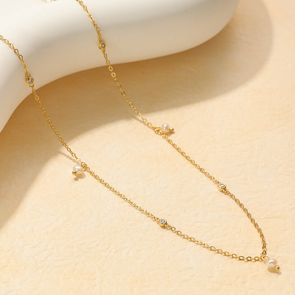 PN0247 925 Sterling Silver Layered Freshwater Pearl Char Beaded Necklace