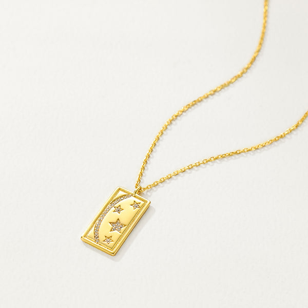 FX1182 925 Sterling Silver Rectangular Moon Star Pendant Necklace