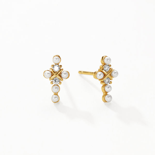 FE3143 Shell Pearl & CZ Cross Stud Earring