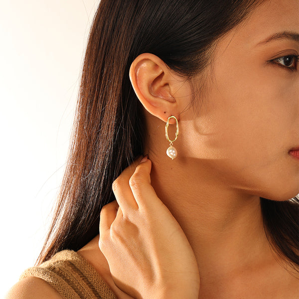 FE2709 925 Sterling Silver Hollow Hoop Pearl Dangle Earring