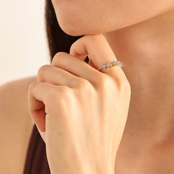 VFJ0148 Quartet Pink Blue Flower Cubic Zirconia Women Ring