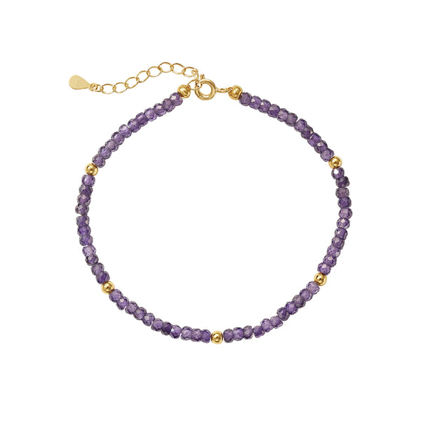 PB0160 925 Sterling Silver Purple CZ Charm Beaded Bracelet