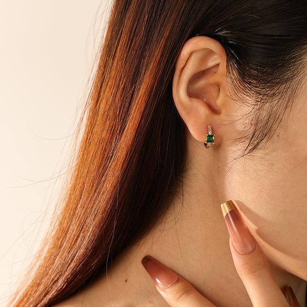 FE2279 925 Sterling Silver Princess Cut Cubic Zirconia Hoop Earrings