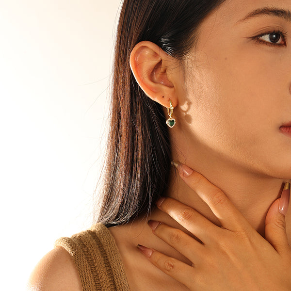 VFE0073 Malachite & CZ Heart Drop Hoop Earrings