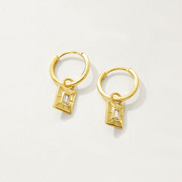 FE2778 925 Sterling Silver Geometric Square Plaque Dangle Hoop Earrings