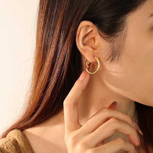 FE2712 925 Sterling Silver Red Enamel Heart Hoop Earring