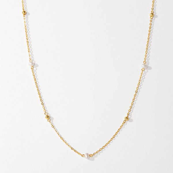 PN0249 925 Sterling Silver Gold Beaded Ball Freshwater Pearl Necklace
