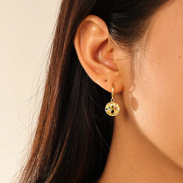 FE2912 925 Sterling Silver Colorful CZ Eye Coin Dangle Earring