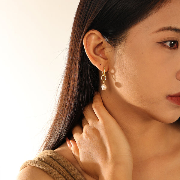 VFE0074 Classic Freshwater Pearl Drop Hoop Earrings