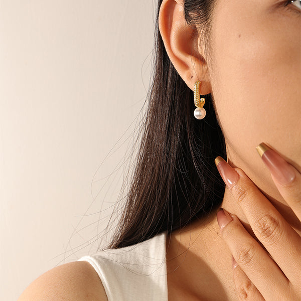 FE2104 Shell Pearl Pave Cubic Zirconia Hoop Earrings