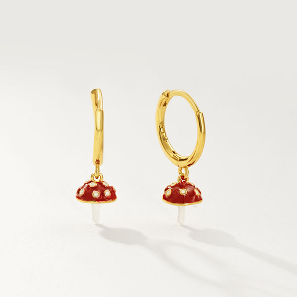 FE2755 925 Sterling Silver Enamel Mushroom Dangle Hoop Earrings