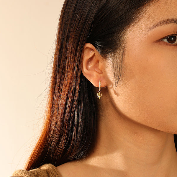 FE2815 925 Sterling Silver Cubic Zirconia Cactus Dangle Hoop Earrings