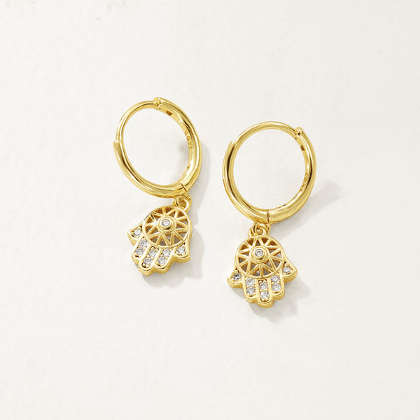 FE2814 925 Sterling Silver CZ Lucky Palm Dangle Hoop Earrings