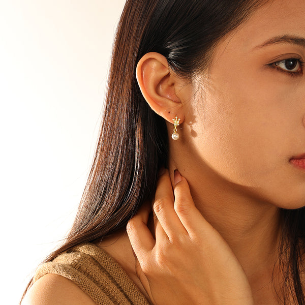 FE2779 925 Sterling Silver Crown Hoop Pearl Dangle Earring