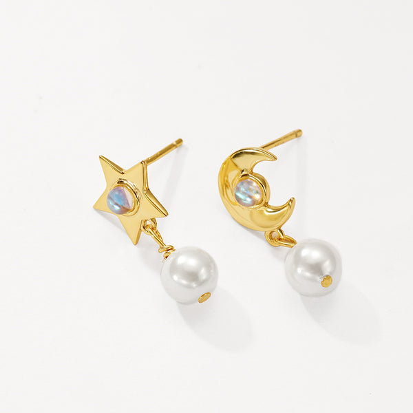 VFE0046 Star Crescent Moonstone Drop Stud Earrings
