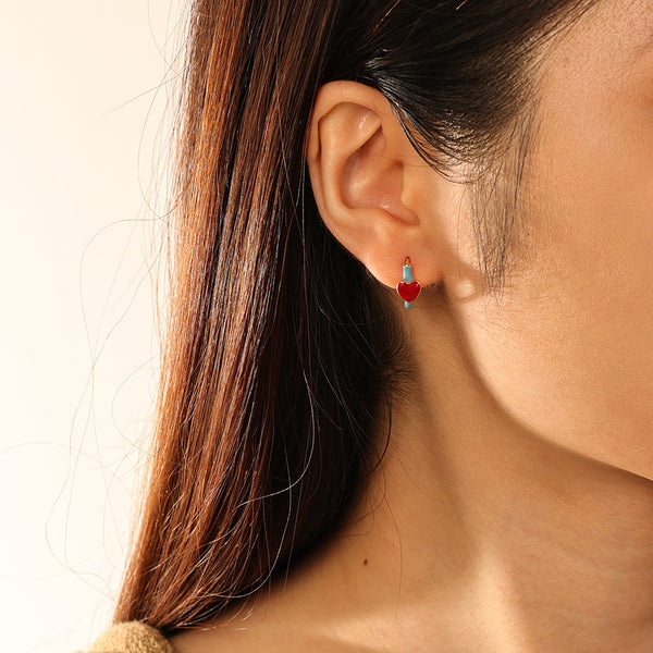 FE2871 925 Sterling Silver Enamel Red Heart Hoop Earrings