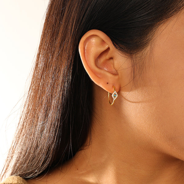 FE2902 925 Sterling Silver Blue Opal Evil Eye Hoop Earring