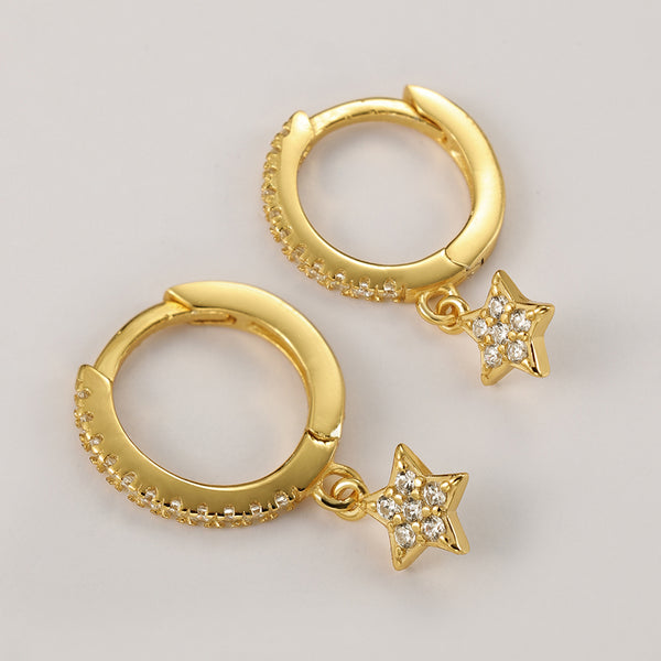 FE2117 925 Sterling Silver Dainty Zirconia Star Dangle Hoop Earrings
