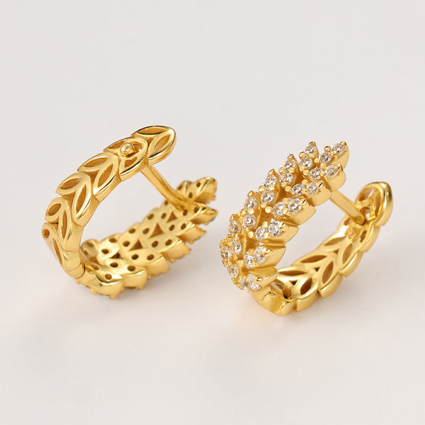 FE2170 925 Sterling Silver Pave Zirconia Leaf Hoop Earrings