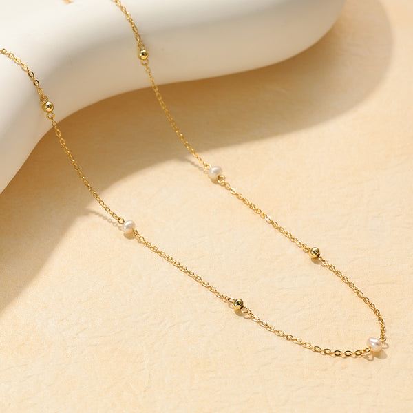 PN0249 925 Sterling Silver Gold Beaded Ball Freshwater Pearl Necklace