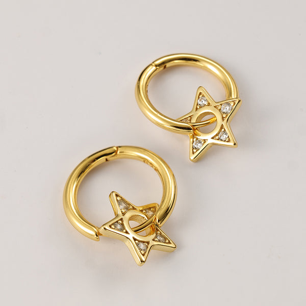 FE2179 925 Sterling Silver CZ Star Hoop Earrings